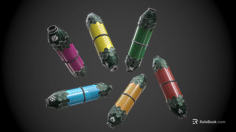 Colorful Grenades With Leaf Patterns And Stripe Designs In Various Hues 3d model 