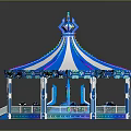 Children Enjoying Colorful Carousel Ride With Blue White Striped Canopy And Lights