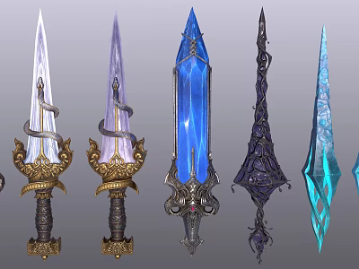 Ornate Fantasy Weapons With Crystal Blades Golden Snake Decor And Spiked Details 3d model