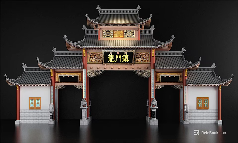 Traditional Chinese Memorial Archway With Classic Eaves Carved Plaque And Tiled Roof 3d model 