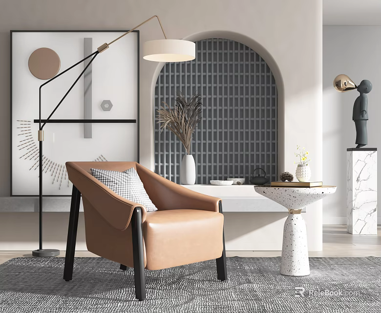 Modern Brown Single Sofa Living Room With Floor Lamp Wall Art And Gray Rug 3d model 