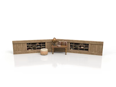 Wooden L shaped Combination Cabinet With Open Closed Storage Compartments Small Round Stool And Table 3d model