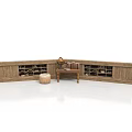 Wooden L shaped Combination Cabinet With Open Closed Storage Compartments Small Round Stool And Table