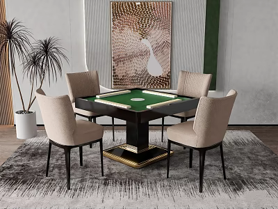 Entertainment Table With Green Surface Four Beige Chairs Black Legs And Gold Accents 3d model
