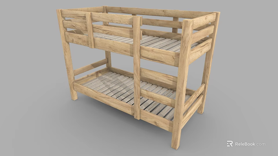 Wooden Bunk Bed Design With Slatted Beds And Safety Railings For Kids Room 3d model 