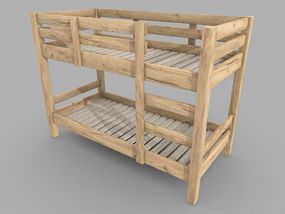 Wooden Bunk Bed Design With Slatted Beds And Safety Railings For Kids Room 3d model
