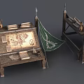 Ancient Wooden Table With Map Scrolls Jug Green Flags And Wooden Structure Setup 3d model