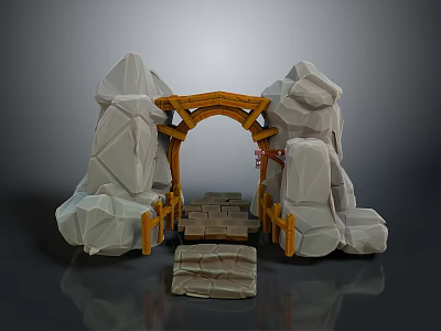 Rustic Wooden And Stone Archway Structure With Stone Steps And Wooden Planks 3d model