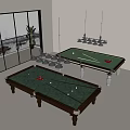 Spacious Billiard Room Interior With Two Green Felt Tables And Brass Chandeliers
