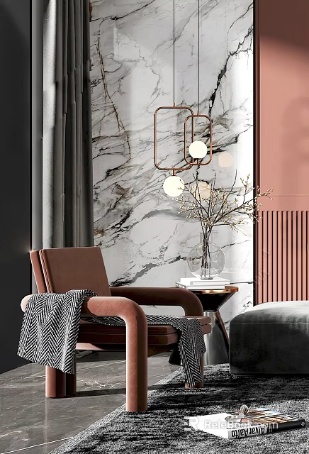 Brown Leisure Chair with Gray Blanket and Vase with Branches Against Marble Wall Background 3d model 