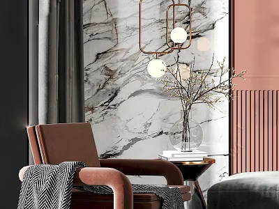 Brown Leisure Chair with Gray Blanket and Vase with Branches Against Marble Wall Background 3d model