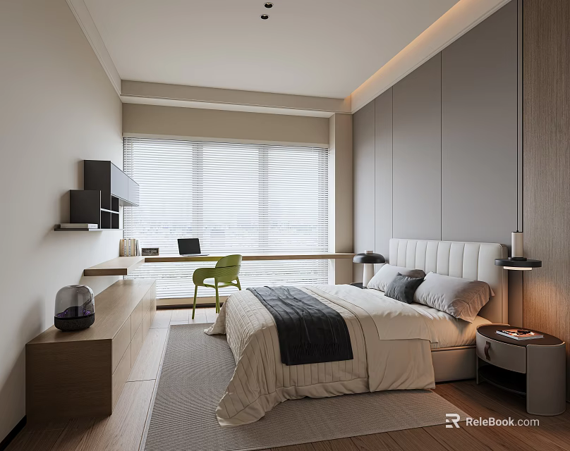 Modern Minimalist Bedroom Interior With White Headboard Gray Bedding Green Chair Desk And Window Blinds 3d model 