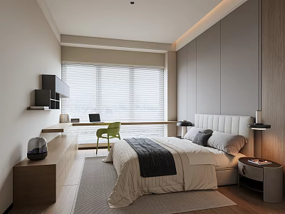 Modern Minimalist Bedroom Interior With White Headboard Gray Bedding Green Chair Desk And Window Blinds 3d model