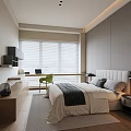 Modern Minimalist Bedroom Interior With White Headboard Gray Bedding Green Chair Desk And Window Blinds