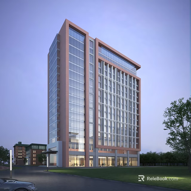 Contemporary High Rise Office Building With Glass Curtain Wall Brick Facade And Large Windows 3d model 