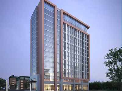 Contemporary High Rise Office Building With Glass Curtain Wall Brick Facade And Large Windows 3d model