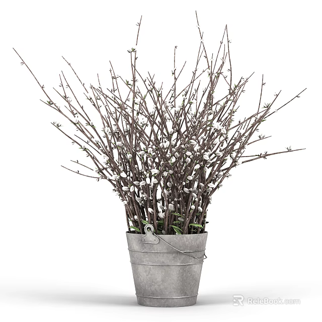 Bonsai Potted Plant in Metal Bucket with White Fluffy Buds and New Shoots 3d model 