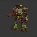 Green Rusty Robot Character Featuring Mechanical Structure And Weapon Arm 3d model