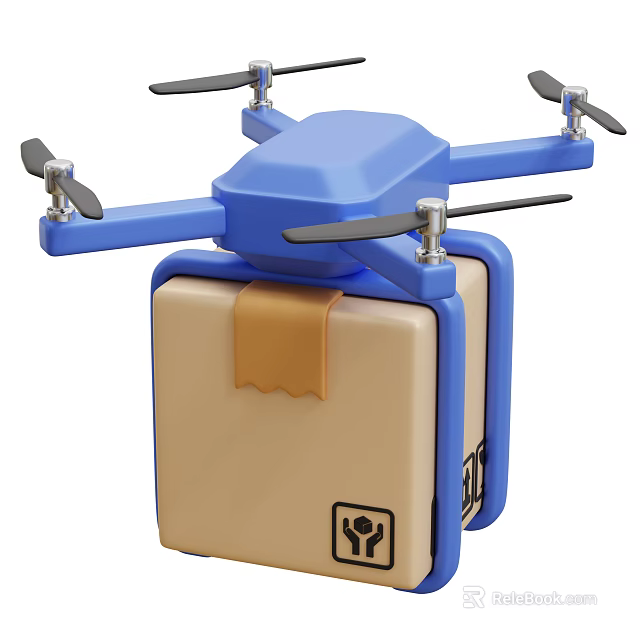 Smart Drone Delivering Cardboard Package With Arrow Icon For Logistics Service 3d model