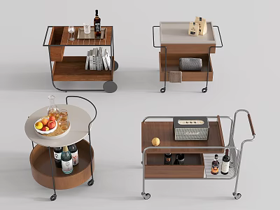 Wooden And Metal Storage Trolleys With Wheels Holding Wine Bottles Fruits And Books 3d model