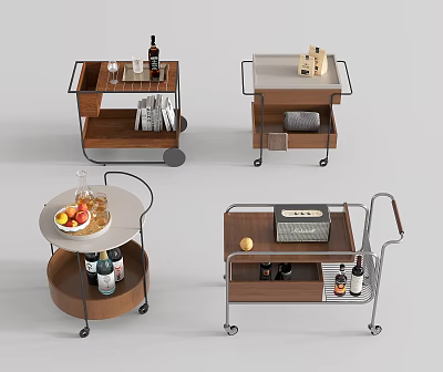 Wooden And Metal Storage Trolleys With Wheels Holding Wine Bottles Fruits And Books 3d model