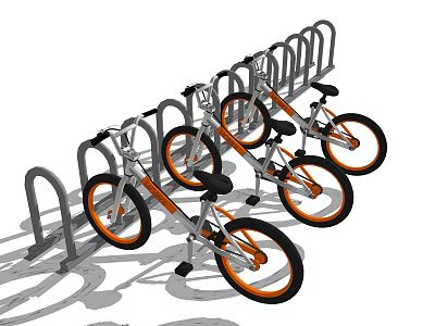 Three Silver Bicycles with Orange Wheels Parked at Metal Bicycle Rack 3d model