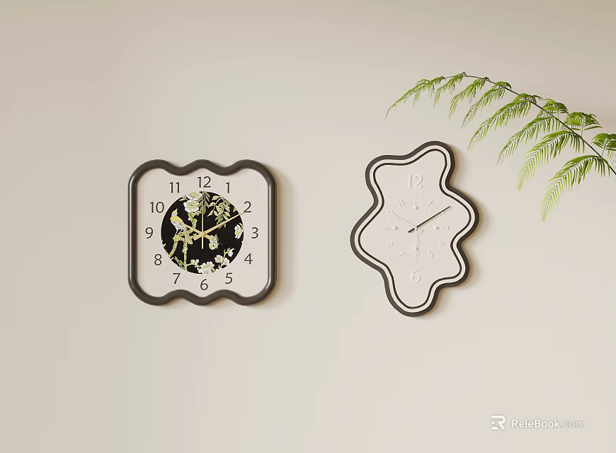 Two Decorative Wall Clocks Square Black And Unique White With Gold Black Hands Green Leaf 3d model 