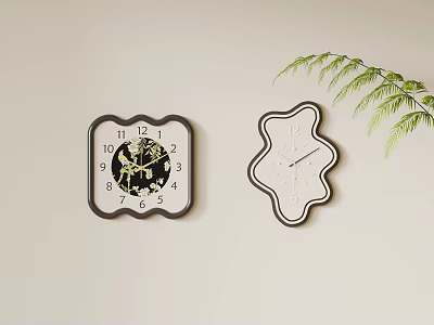 Two Decorative Wall Clocks Square Black And Unique White With Gold Black Hands Green Leaf 3d model