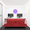 Modern Internet Cafe Interior With Computers Red Sofa Ambient Lighting And Blue Circle Decor 3d model