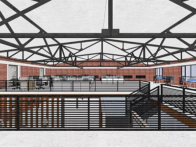 Spacious Public Office Space With Steel Truss Ceiling Brick Walls And Two Story Layout 3d model