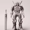 Red Gold Mechanical Robot With Detailed Armor And Large Sword 3d model