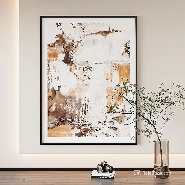 Abstract Painting With Brown White Orange Tones On Wall Near Vase With Branches 3d model 