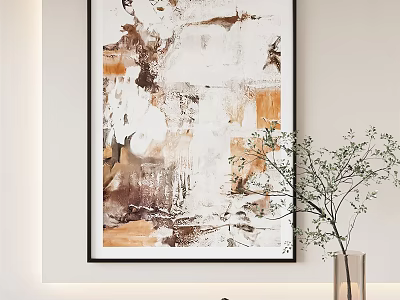 Abstract Painting With Brown White Orange Tones On Wall Near Vase With Branches 3d model