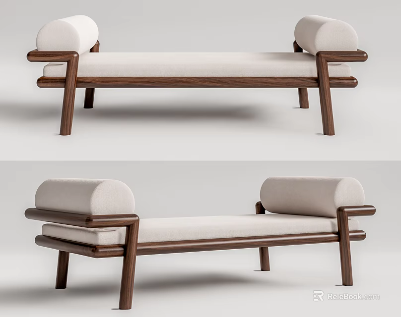 Modern Wooden Frame Footstool With Light Colored Cushion Armrests And Minimalist Design 3d model 