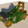 Green Industrial Forklift With Tall Mast Yellow Forks And Large Wheels