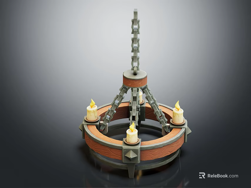 Vintage Round Chandelier With Brick Red Frame Chain Hanging And Candle Shaped Lights 3d model 