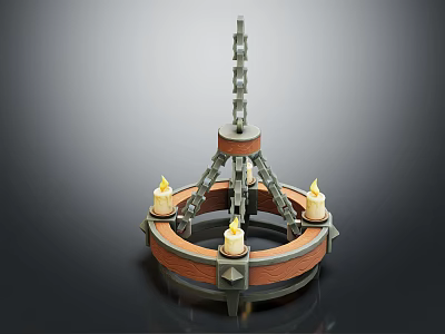 Vintage Round Chandelier With Brick Red Frame Chain Hanging And Candle Shaped Lights 3d model