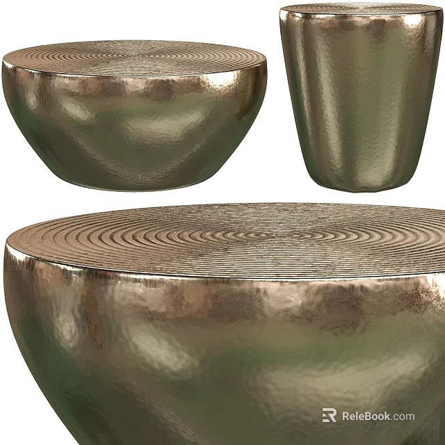 Round Hammered Metal Coffee Table Set With Bronze Finish And Modern Design 3d model 