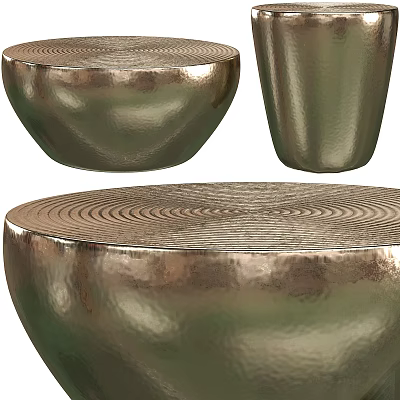 Round Hammered Metal Coffee Table Set With Bronze Finish And Modern Design 3d model
