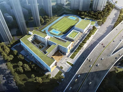 Modern School Building With Green Roof And Sports Field Surrounded By Trees And Urban Road 3d model