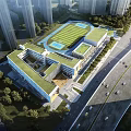 Modern School Building With Green Roof And Sports Field Surrounded By Trees And Urban Road