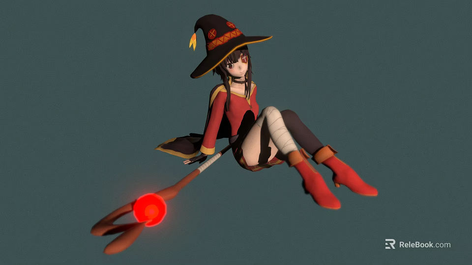 Witch Riding Broomstick With Red Glowing Orb Red Top Black Skirt White Stockings 3d model 