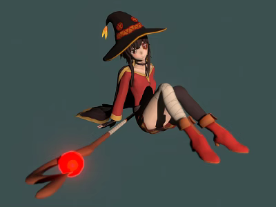 Witch Riding Broomstick With Red Glowing Orb Red Top Black Skirt White Stockings 3d model