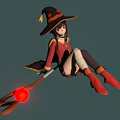Witch Riding Broomstick With Red Glowing Orb Red Top Black Skirt White Stockings