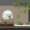 Indoor Landscape with Round Window Wicker Chairs Hanging Green Plant Balls and Wooden Floor