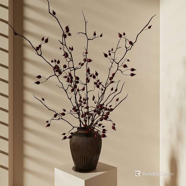 Decorative Dark Striped Vase With Slender Branches And Red Berries In Modern Interior 3d model 