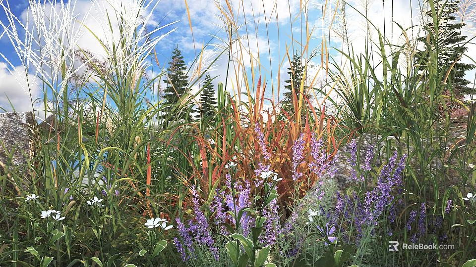 Colorful Flowering Shrubs With Purple Blooms And Orange Foliage Surrounded By Grass Under Blue Sky 3d model 