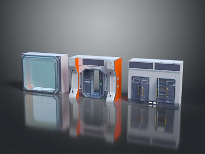 Modern Furniture Storage Cabinets With Glass Doors Orange Accents And Metal Frames 3d model