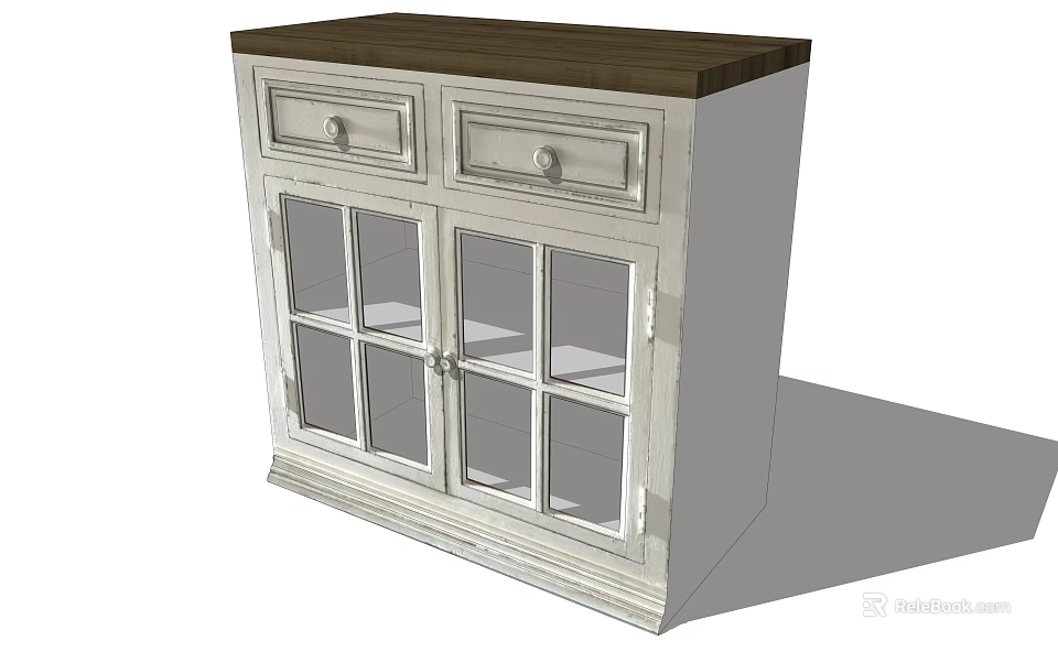 Elegant White Bookcase With Wooden Top Glass Doors Grid Design And Drawers 3d model 
