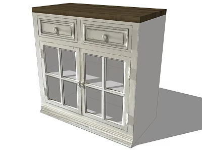 Elegant White Bookcase With Wooden Top Glass Doors Grid Design And Drawers 3d model